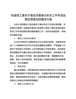 街道党工委关于落实市委意识形态工作专项巡察反馈意见的整改方案