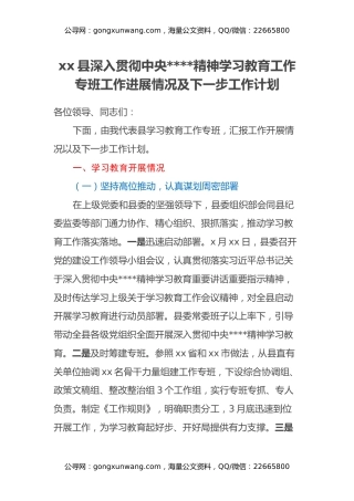 xx县深入贯彻中央八项规定精神学习教育工作专班工作进展情况及下一步工作计划