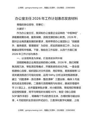 办公室主任2026年工作计划表态发言材料