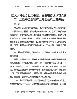 区人大常委会党组书记、主任在传达学习党的二十届四中全会精神上专题会议上的讲话