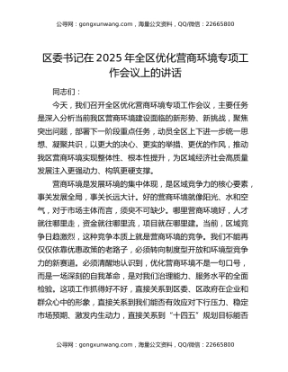 区委书记在2025年全区优化营商环境专项工作会议上的讲话