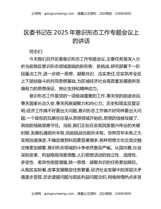 区委书记在2025年意识形态工作专题会议上的讲话