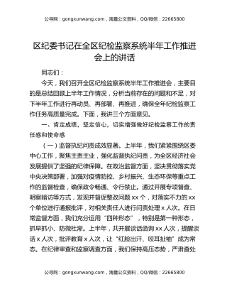 区纪委书记在全区纪检监察系统半年工作推进会上的讲话