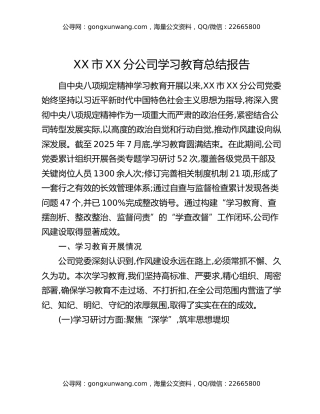 XX市XX分公司八项规定精神学习教育总结报告