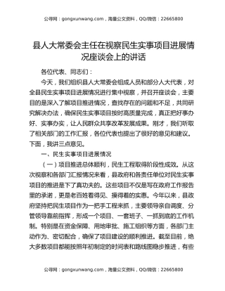 县人大常委会主任在视察民生实事项目进展情况座谈会上的讲话