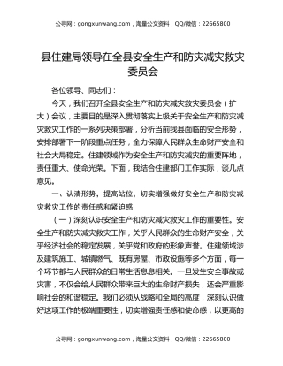 县住建局领导在全县安全生产和防灾减灾救灾委员会（扩大）会议上的发言