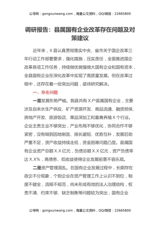 调研报告：县属国有企业改革存在问题及对策建议