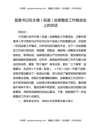 县委书记在乡镇（街道）巡察整改工作推进会上的讲话