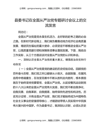 县委书记在全面从严治党专题研讨会议上的交流发言