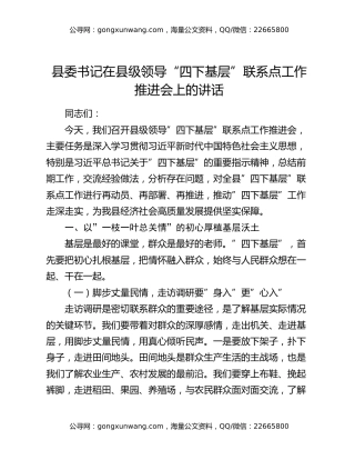 县委书记在县级领导“四下基层”联系点工作推进会上的讲话