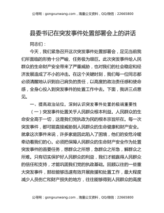 县委书记在突发事件处置部署会上的讲话