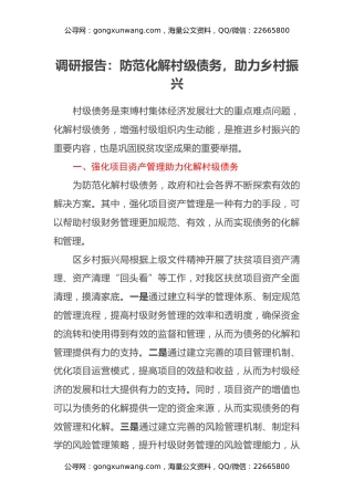 调研报告：防范化解村级债务，助力乡村振兴