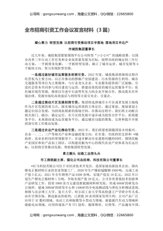 全市招商引资工作会议发言材料（3篇）