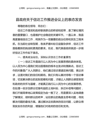 县政府关于信访工作推进会议上的表态发言