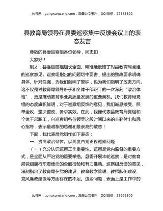 县教育局领导在县委巡察集中反馈会议上的表态发言