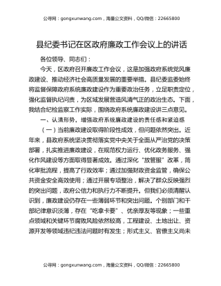 县纪委书记在区政府廉政工作会议上的讲话