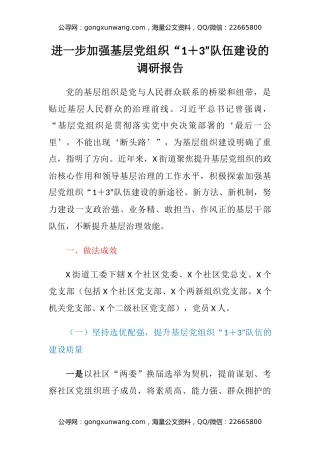 进一步加强基层党组织“1＋3”队伍建设的调研报告