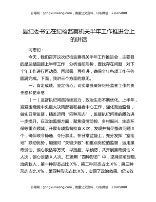 县纪委书记在纪检监察机关半年工作推进会上的讲话
