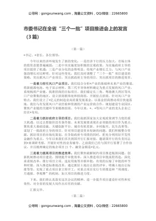 市委书记在全省“三个一批”项目推进会上的发言（3篇）