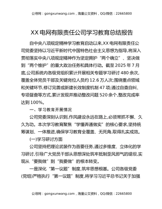 XX电网有限责任公司八项规定精神学习教育总结报告