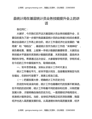 县统计局在基层统计员业务技能提升会上的讲话