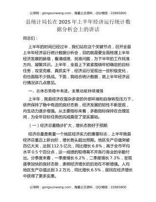 县统计局长在2025年上半年经济运行统计数据分析会上的讲话