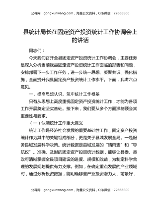 县统计局长在固定资产投资统计工作协调会上的讲话