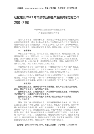 社区建设2023年市级农业特色产业振兴示范村工作方案（2篇）