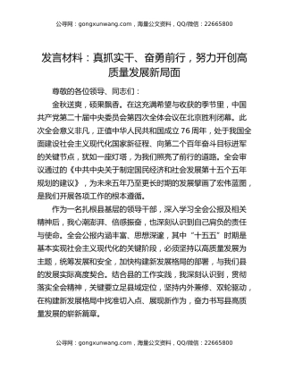 发言材料：真抓实干、奋勇前行，努力开创高质量发展新局面