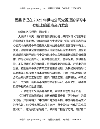 团委书记在2025年供电公司党委理论学习中心组上的重点交流发言