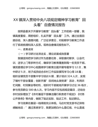 xx镇深入贯彻中央八项规定精神学习教育回头看自查情况报告