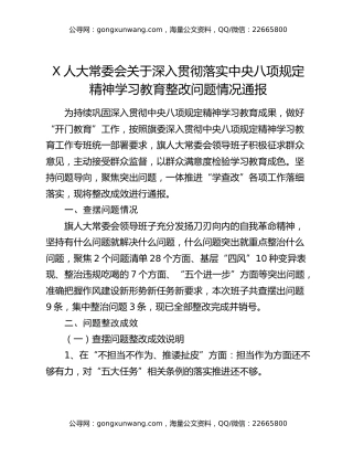 X人大常委会关于深入贯彻落实中央八项规定精神学习教育整改问题情况通报