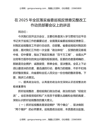 在2025年全区落实省委巡视反馈意见整改工作动员部署会议上的讲话