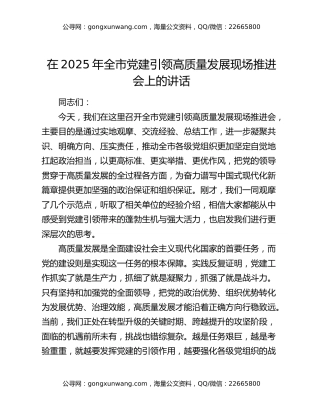 在2025年全市党建引领高质量发展现场推进会上的讲话