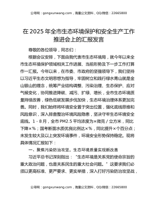 在2025年全市生态环境保护和安全生产工作推进会上的汇报发言