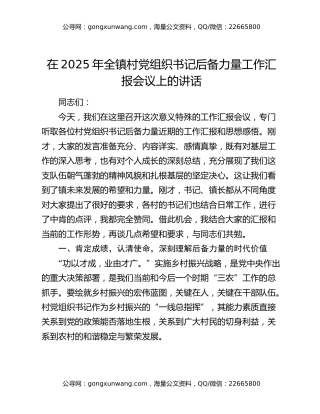 在2025年全镇村党组织书记后备力量工作汇报会议上的讲话