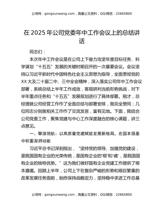 在2025年公司党委年中工作会议上的总结讲话