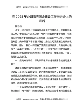 在2025年公司清廉国企建设工作推进会上的讲话