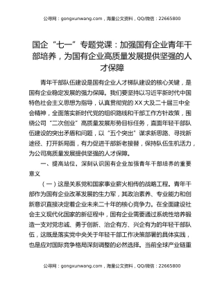 国企“七一”专题党课：加强国有企业青年干部培养，为国有企业高质量发展提供坚强的人才保障