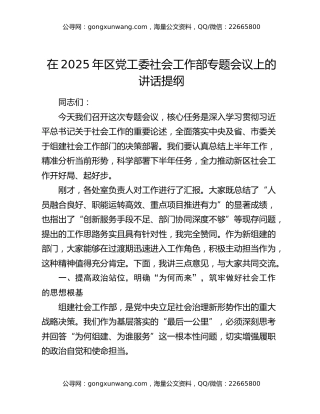 在2025年区党工委社会工作部专题会议上的讲话提纲