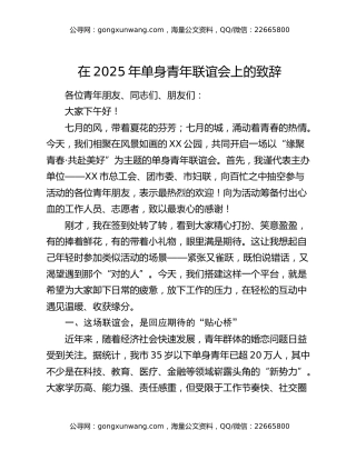 在2025年单身青年联谊会上的致辞
