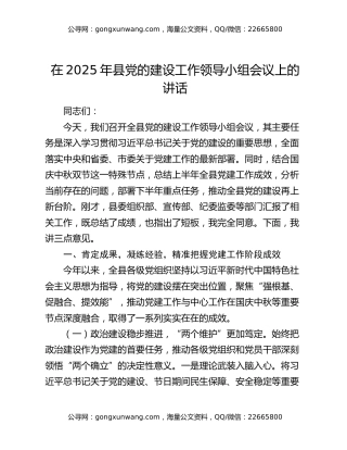 在2025年县党的建设工作领导小组会议上的讲话