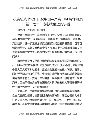 校党总支书记在庆祝中国共产党104周年诞辰暨“七一”表彰大会上的讲话