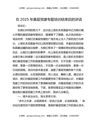 在2025年基层党建专题培训结束后的讲话