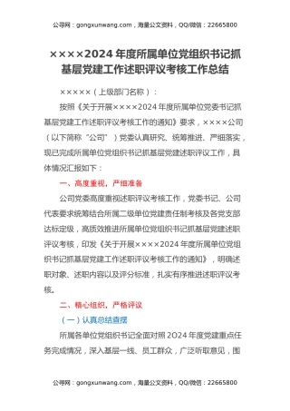 2024年度党支部书记抓基层党建工作述职评议考核工作总结