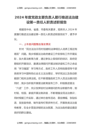 2024年度党政主要负责人履行推进法治建设第一责任人职责述职报告