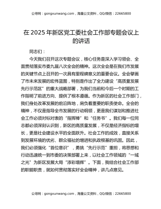 在2025年新区党工委社会工作部专题会议上的讲话