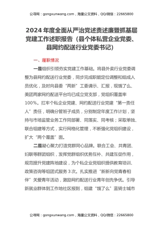 2024年度全面从严治党述责述廉暨抓基层党建工作述职报告（县个体私营企业党委、县网约配送行业党委书记）