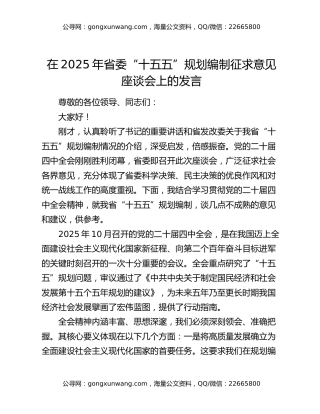 在2025年省委“十五五”规划编制征求意见座谈会上的发言