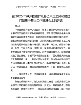 在2025年纵深推进群众身边不正之风和腐败问题集中整治工作推进会上的讲话